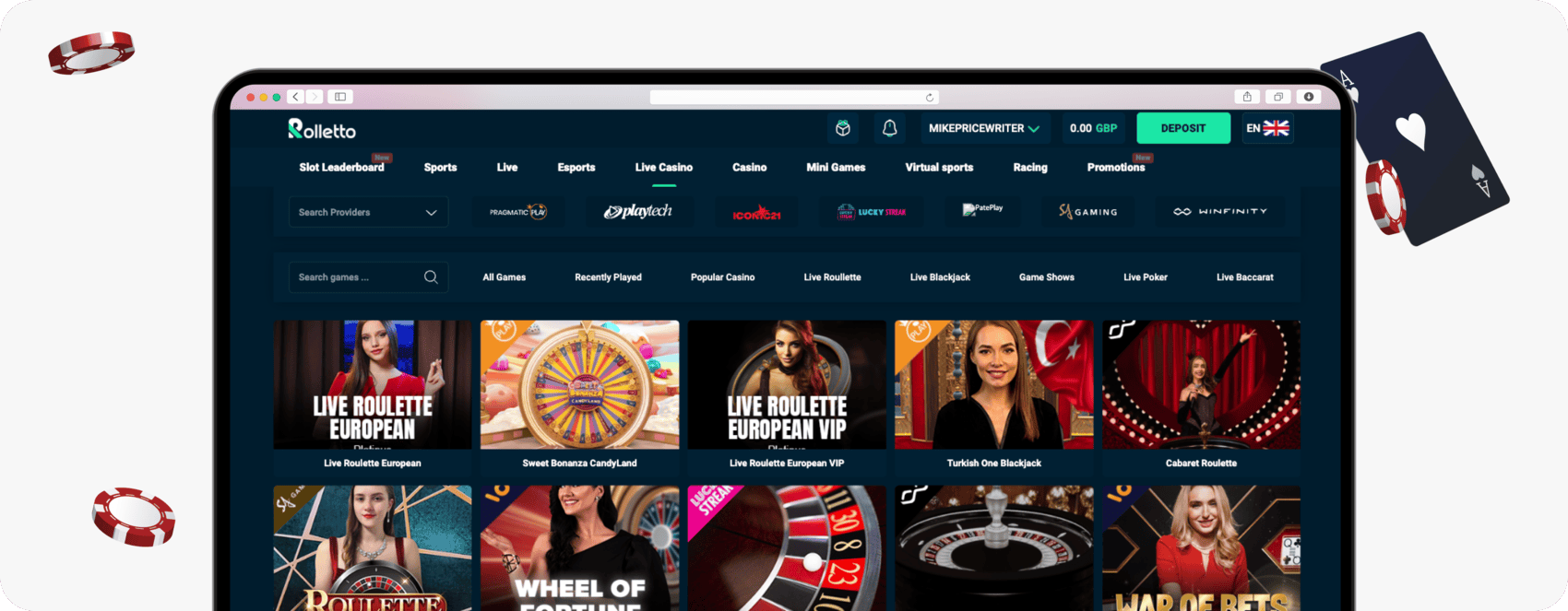 screenshot of rolletto live casino games