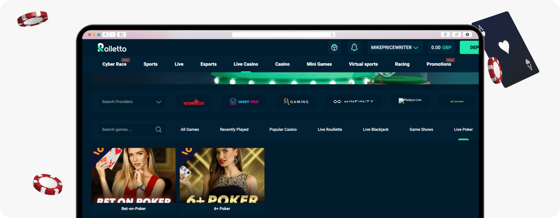 screenshot of rolletto live poker games