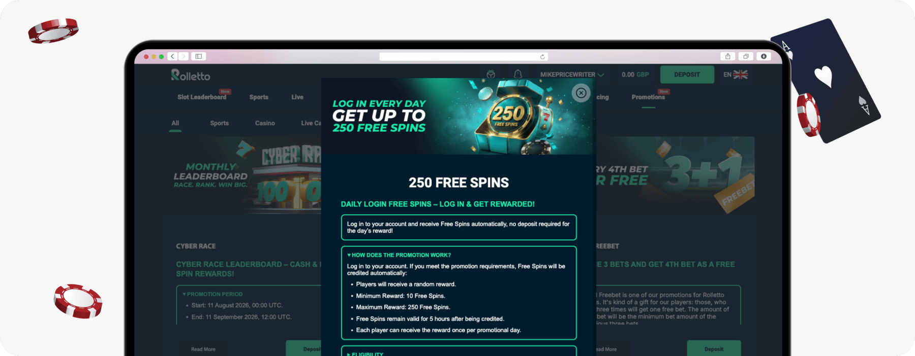 screenshot of rolletto 250 free spins log in bonus