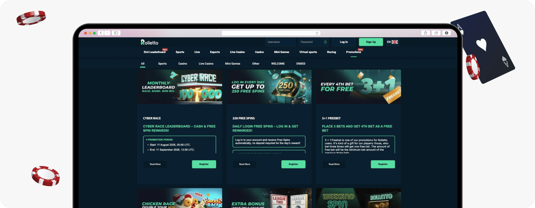 screenshot of rolletto promotions page