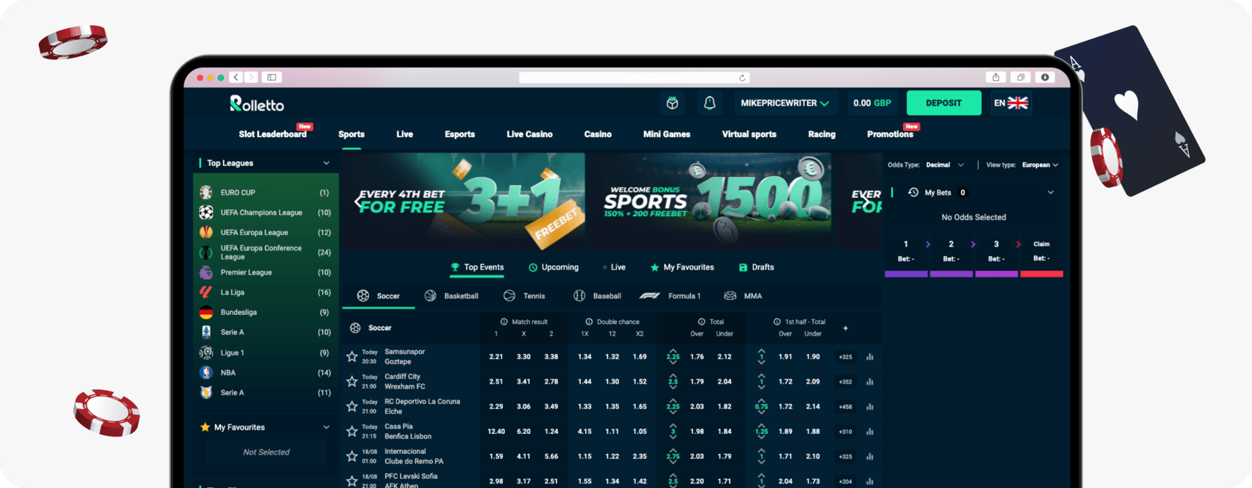 screenshot of rolletto sportsbook main page