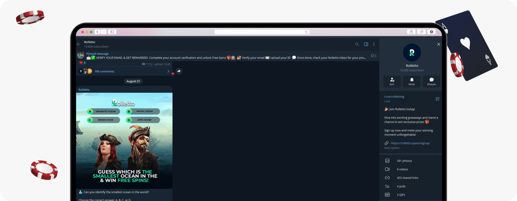 screenshot of rolletto telegram channel