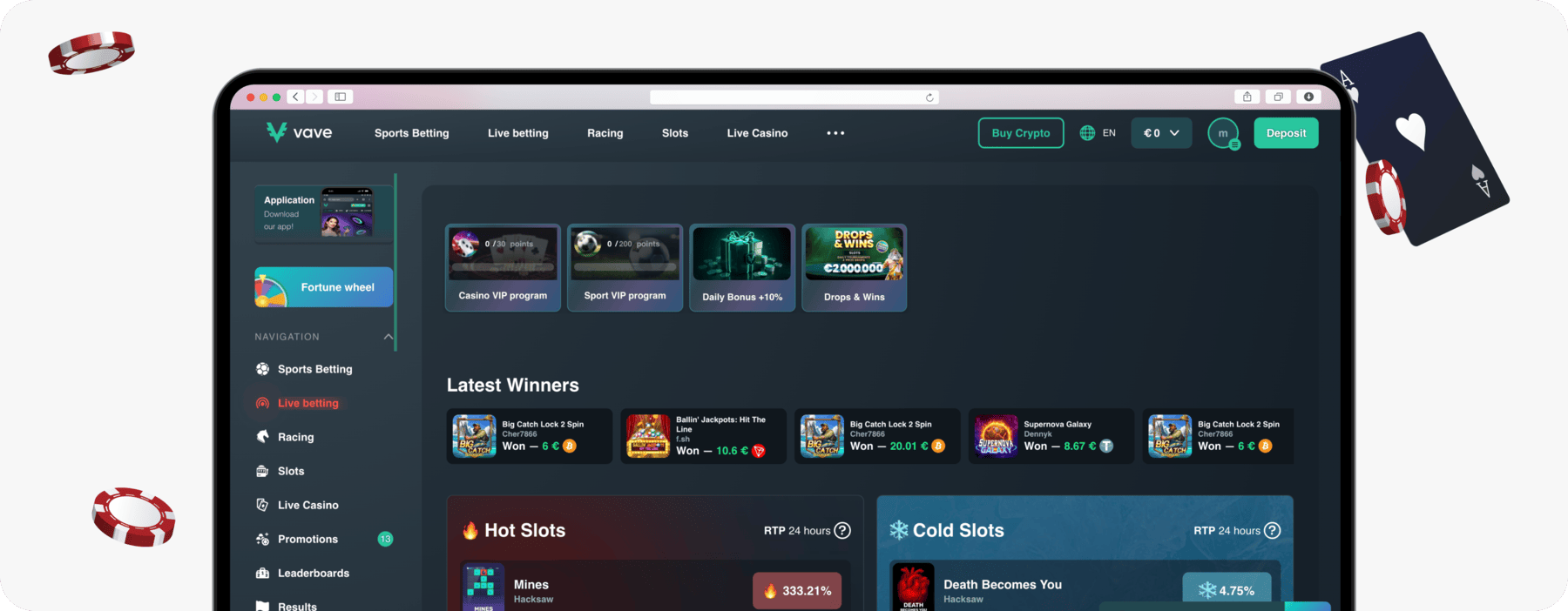 screenshot of vave casino homepage