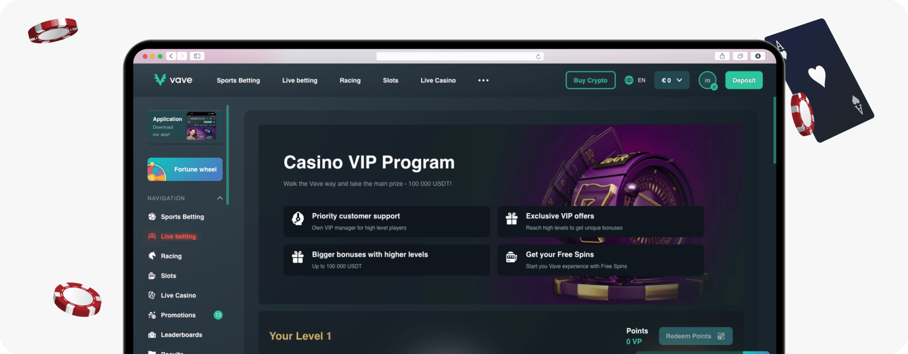 screenshot of vave casino vip program