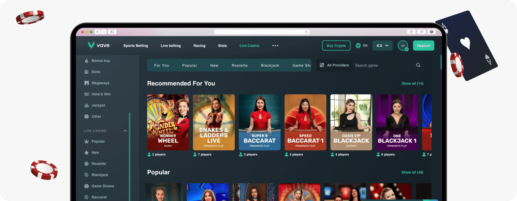 screenshot of vave live casino games