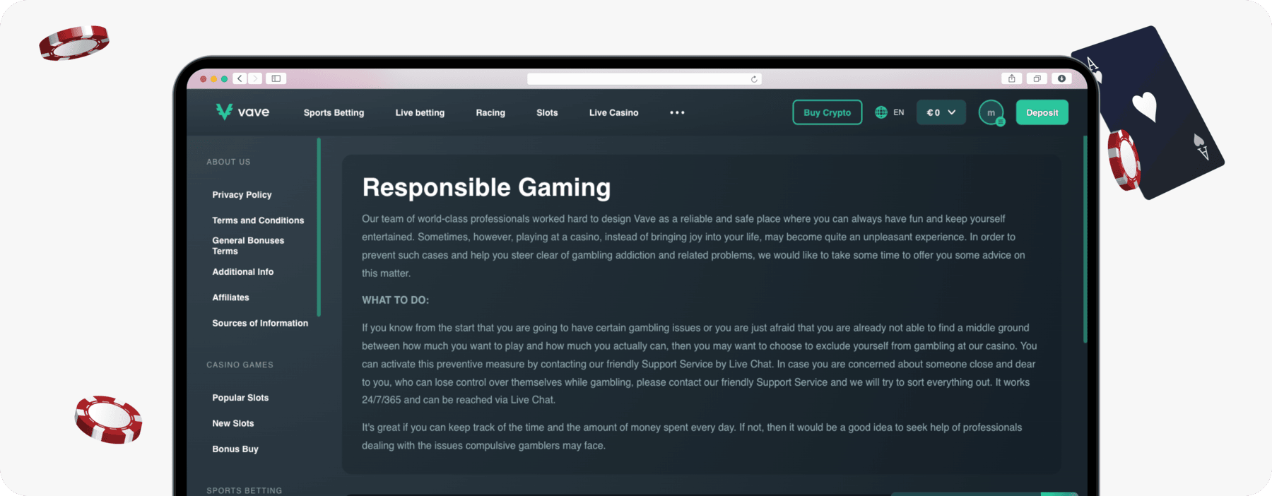 screenshot of vave responsible gambling page