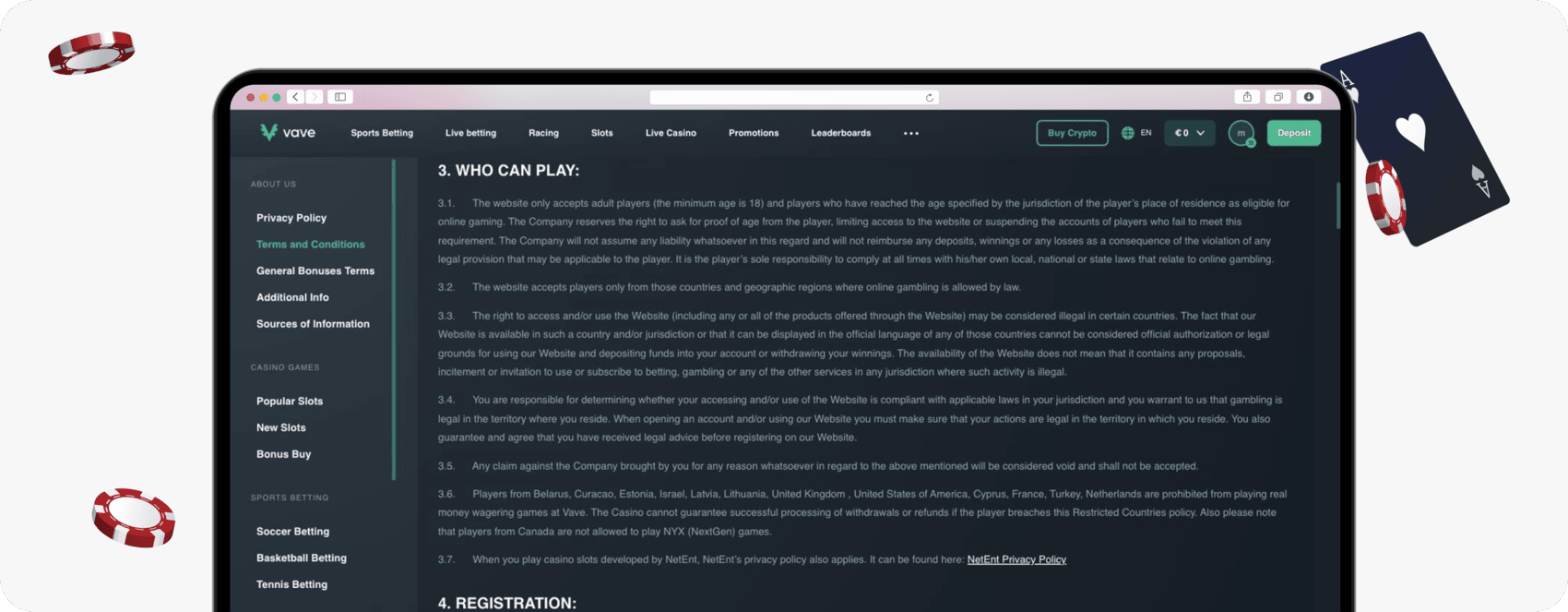 screenshot of vave terms including restricted countries