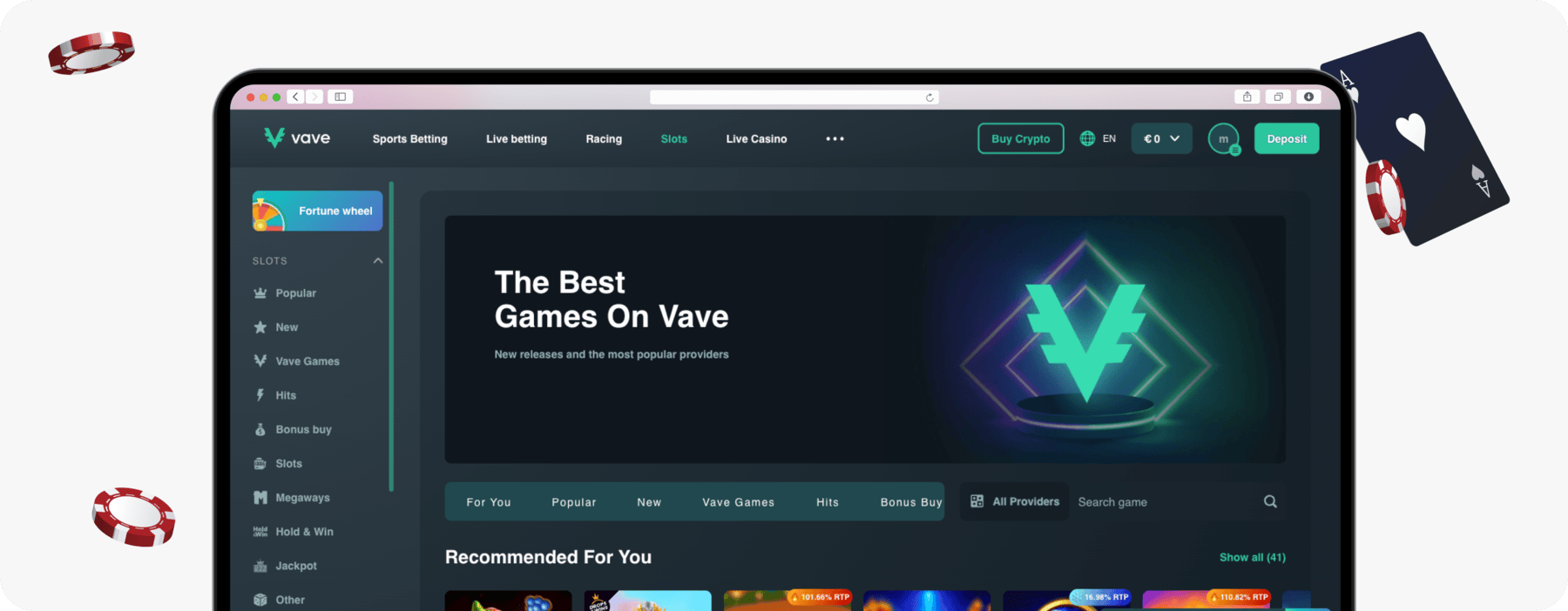 screenshot of vave slots page