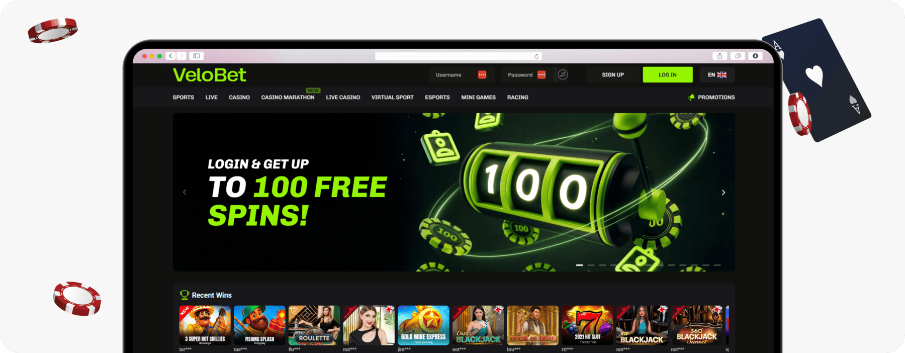 screenshot of velobet casino homepage