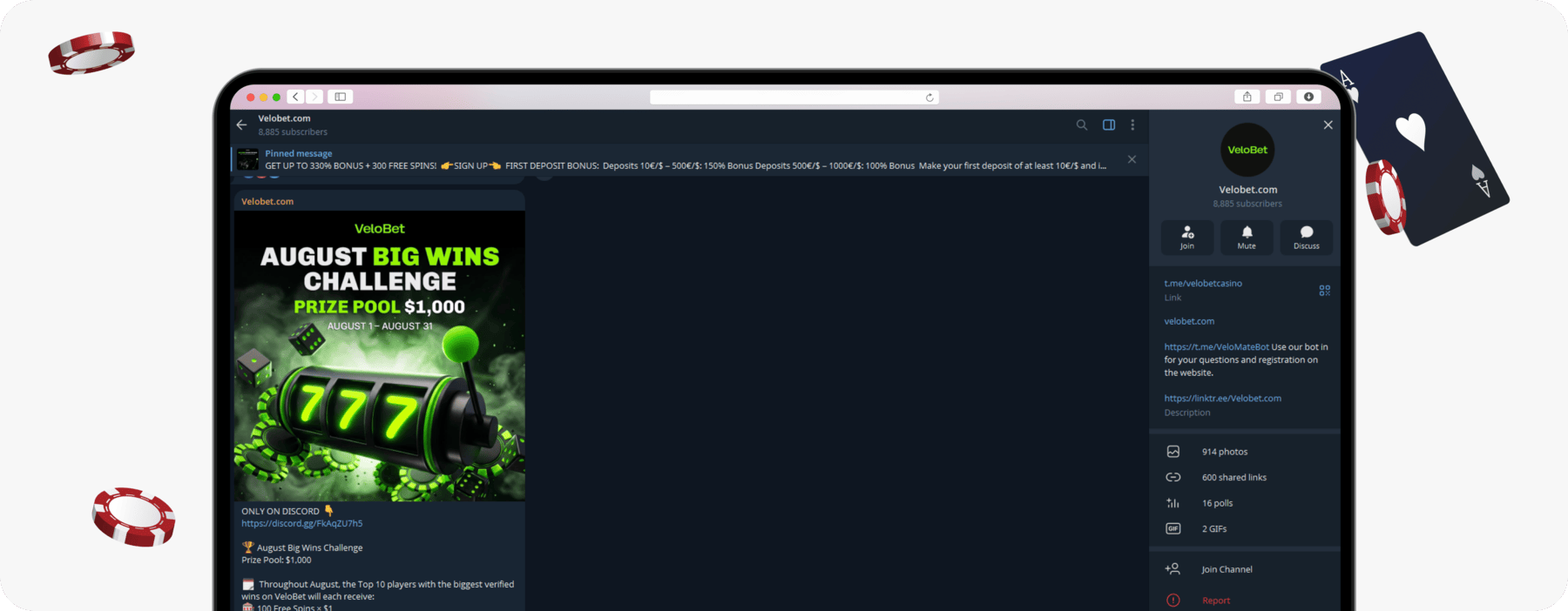screenshot of velobet telegram channel