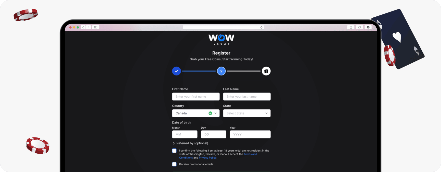 screenshot of wow vegas canada registration form