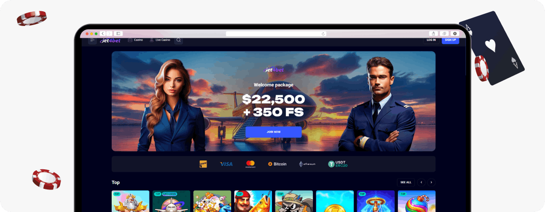Jet4Bet homepage, welcome package up to $22,500 + 350 FS