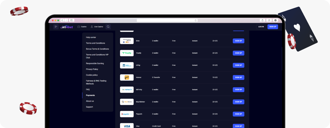 Jet4Bet payments table
