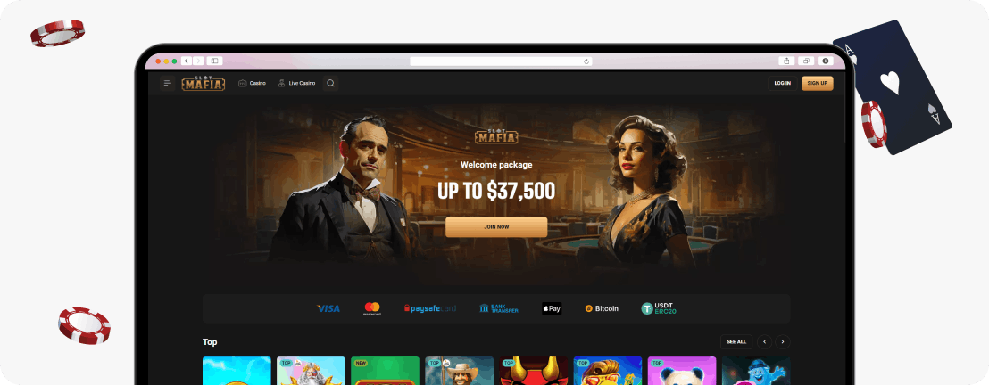 Slot Mafia homepage, welcome package up to $37,500