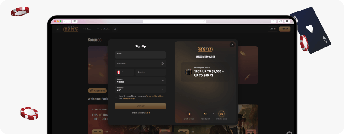 Slot Mafia sign-up form with Canada and CAD