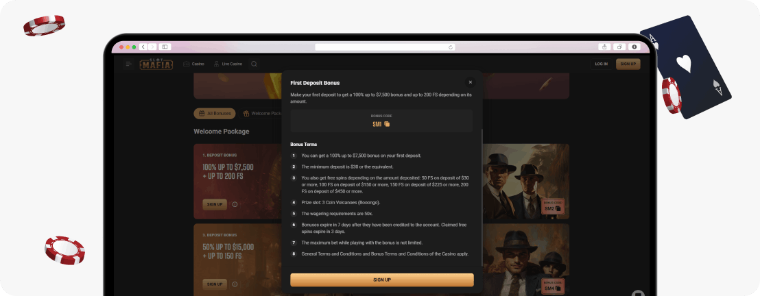 Slot Mafia SM1 info panel, 3 Coin Volcanoes spins