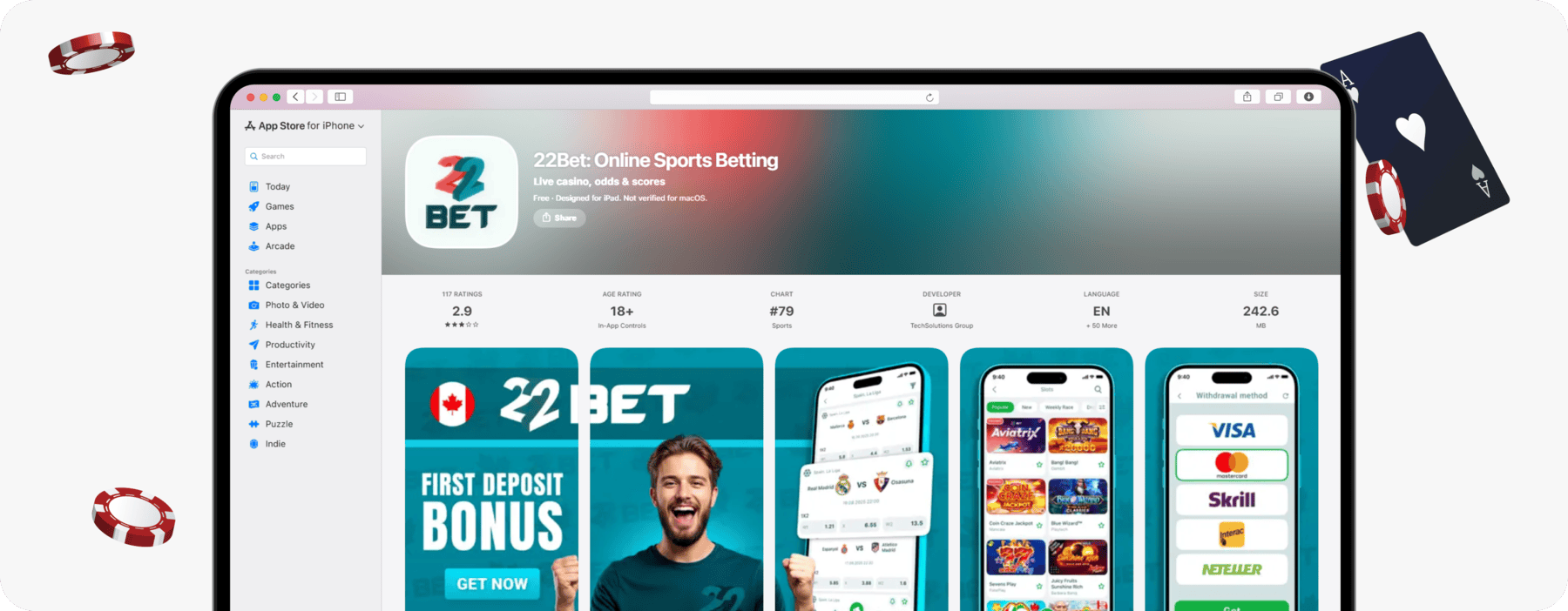 screenshot of 22bet on app store