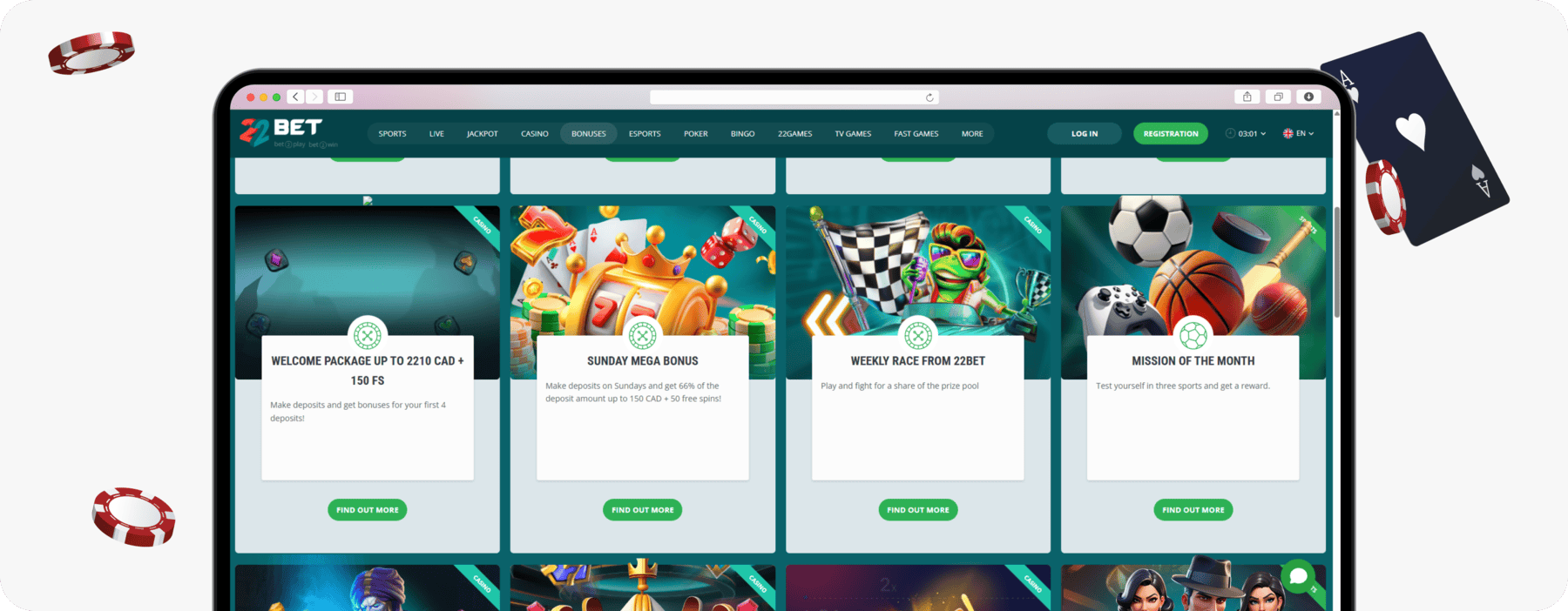 screenshot of 22bet canada promotions page