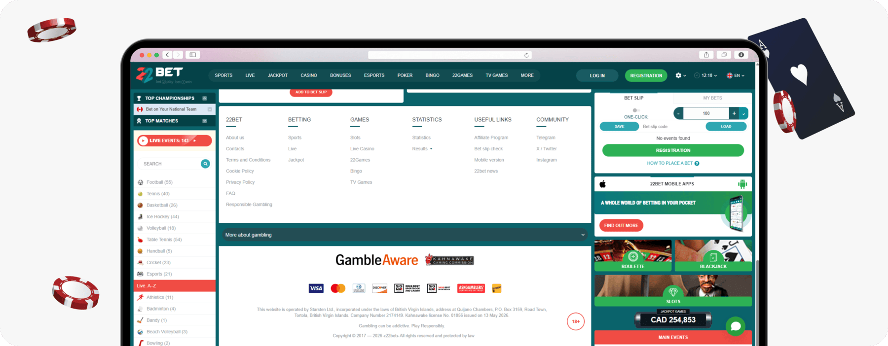 screenshot of 22bet website footer including licence information
