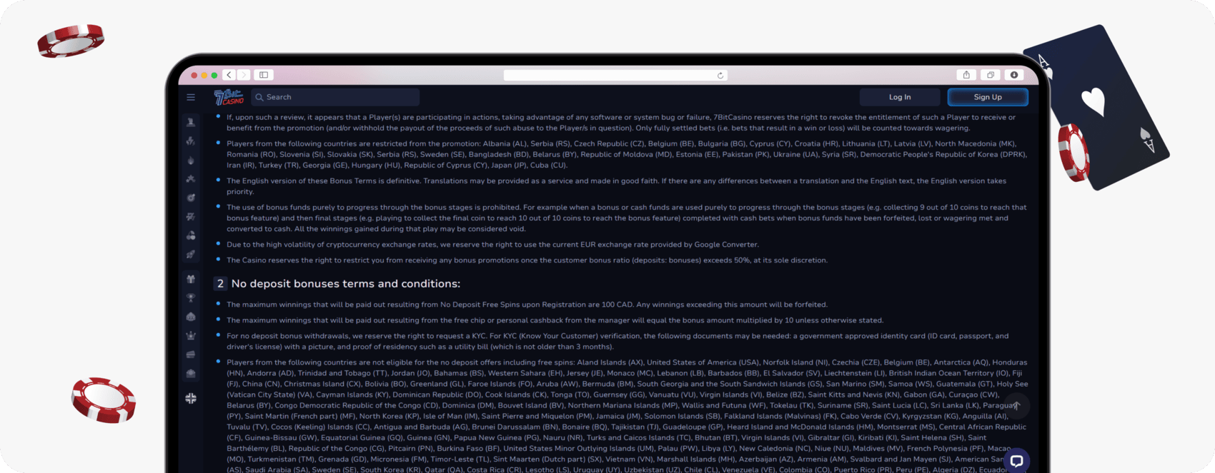 screenshot of 7bit casino no deposit bonus terms