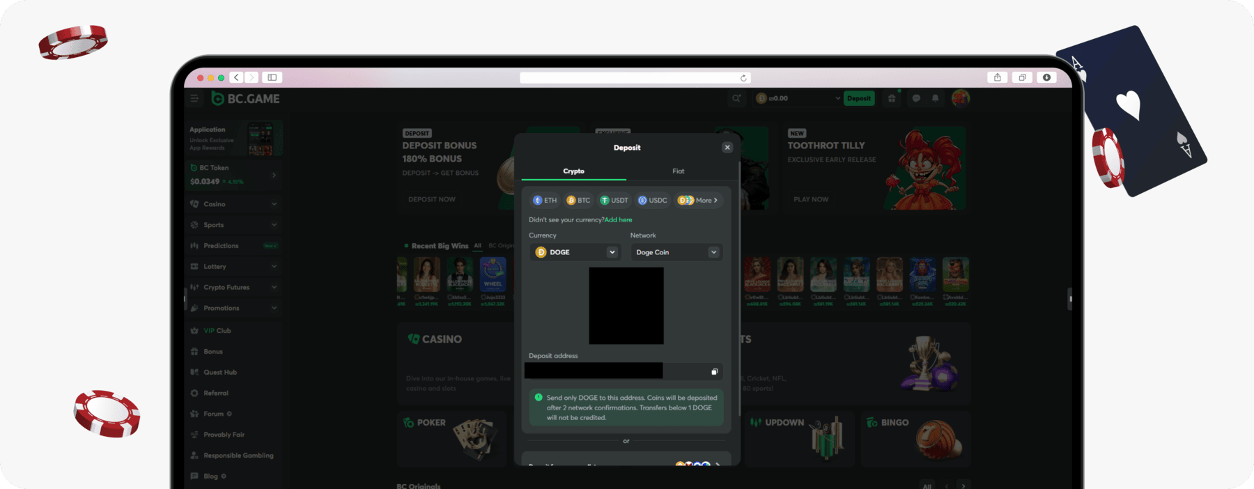screenshot of bc.game dogecoin deposit