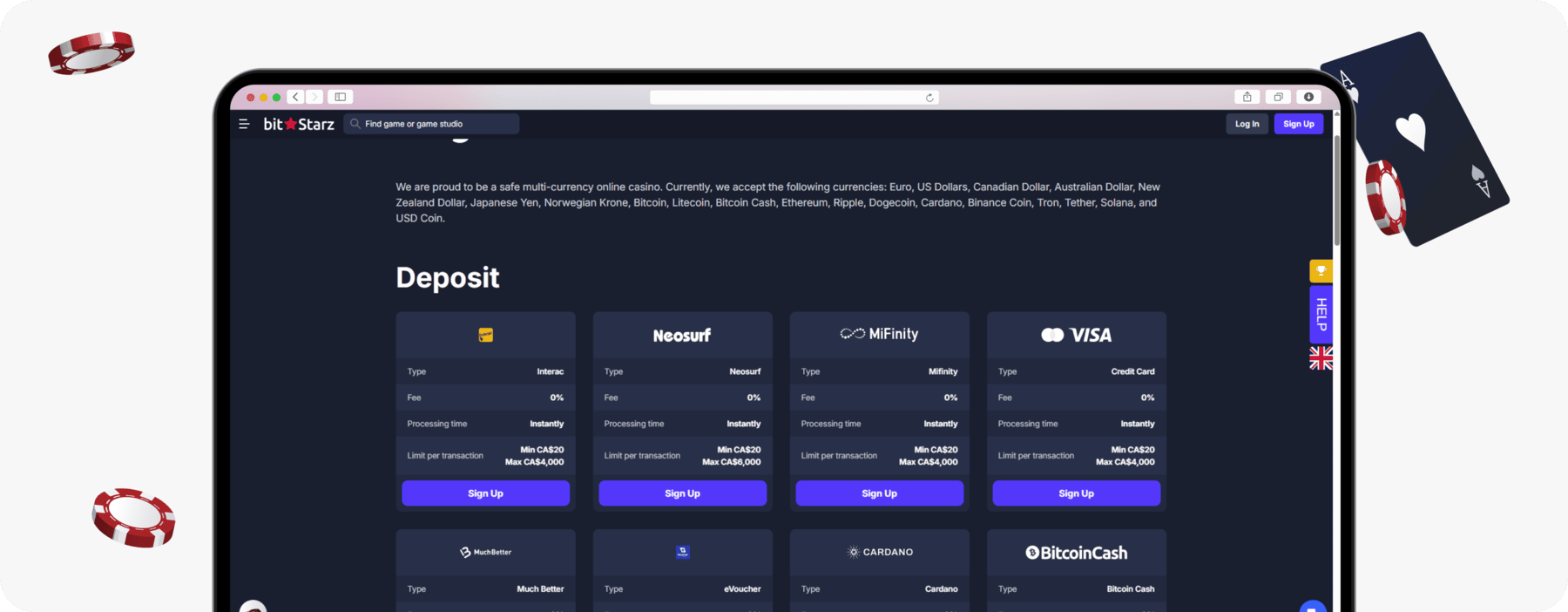 screenshot of bitstarz deposit methods