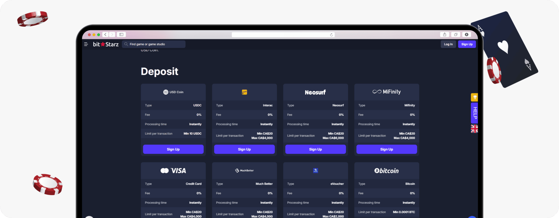 screenshot of bitstarz payment methods page