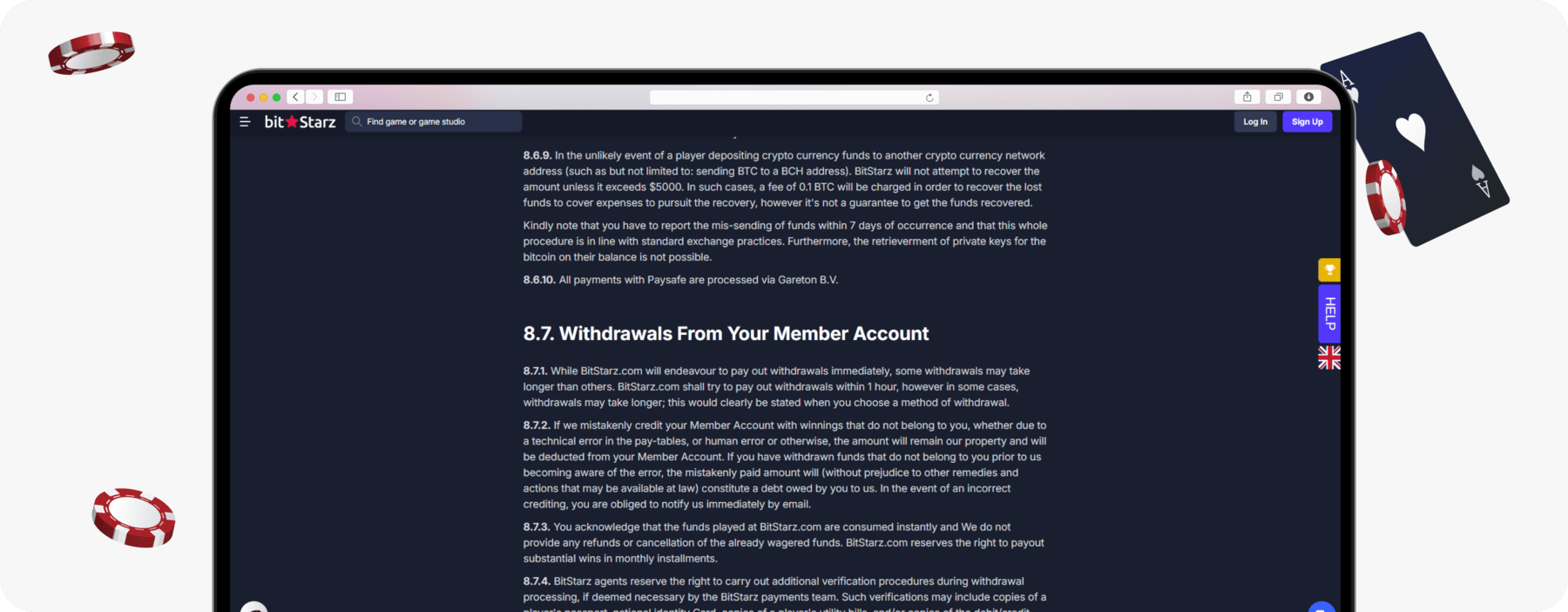 screenshot of bitstarz withdrawal terms