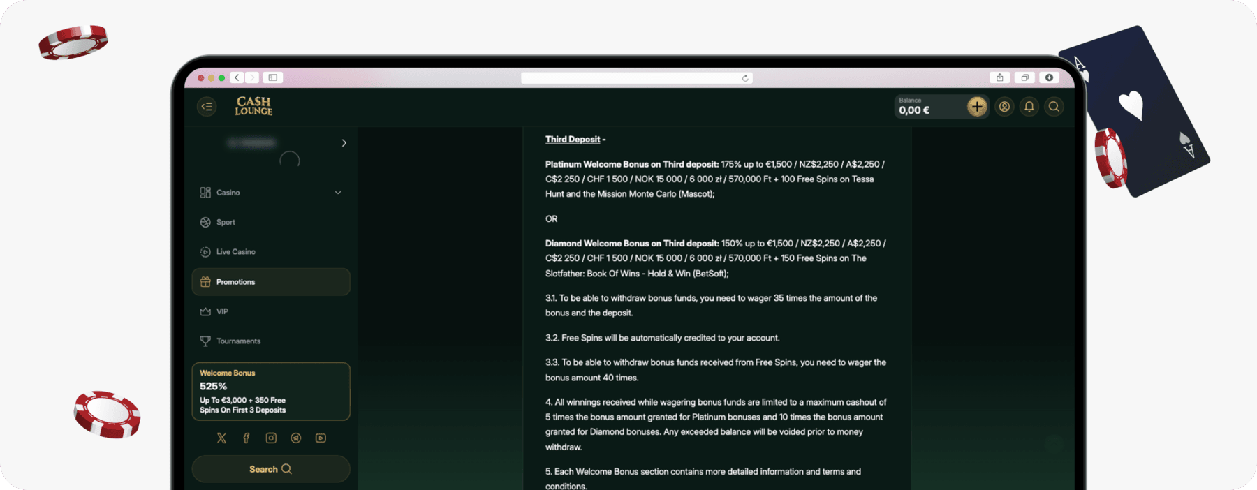 screenshot of cash lounge bonus terms showing wagering requirements