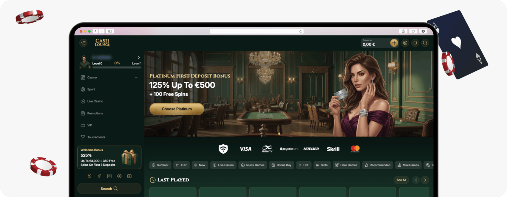 screenshot of cash lounge casino homepage