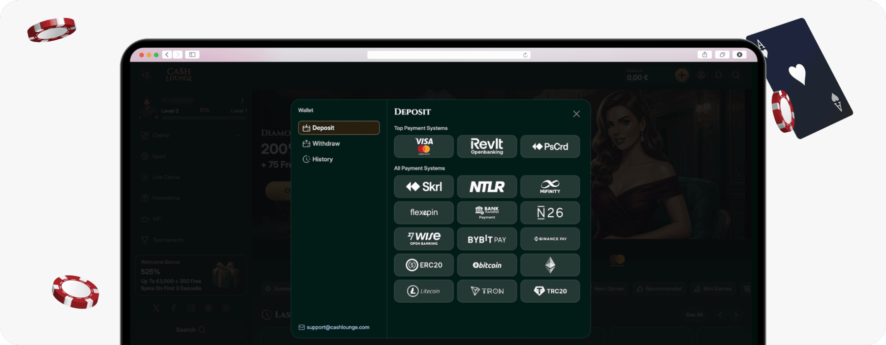 screenshot of cash lounge deposit methods