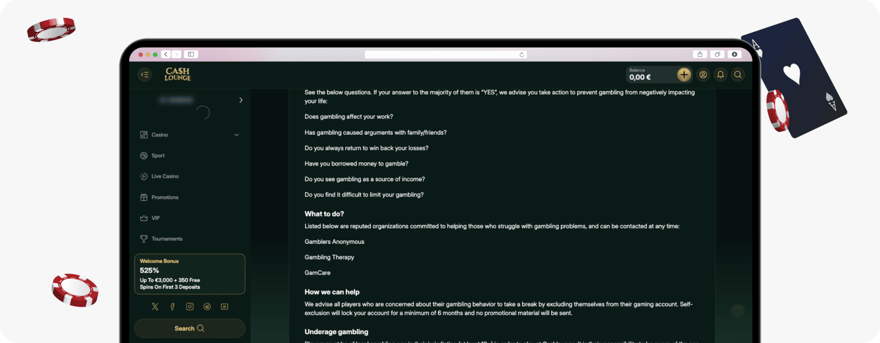 screenshot of cash lounge responsible gambling page
