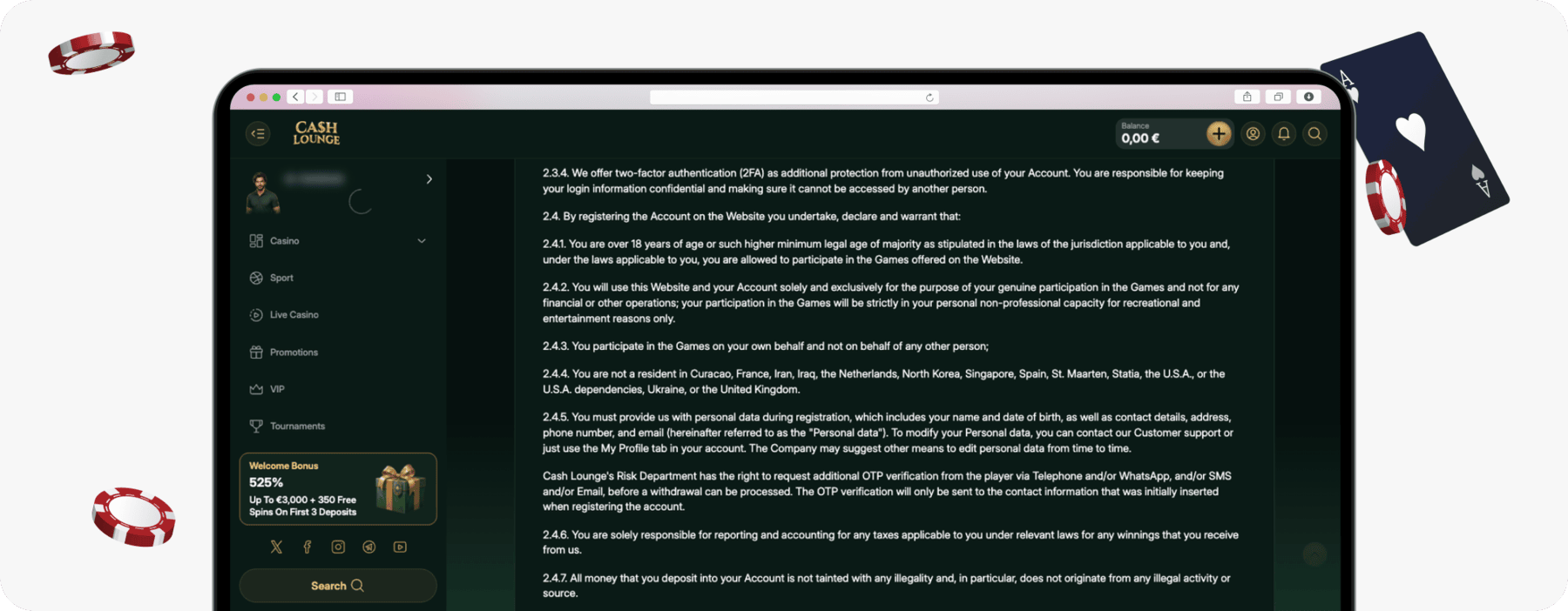 screenshot of cash lounge terms showing country restrictions