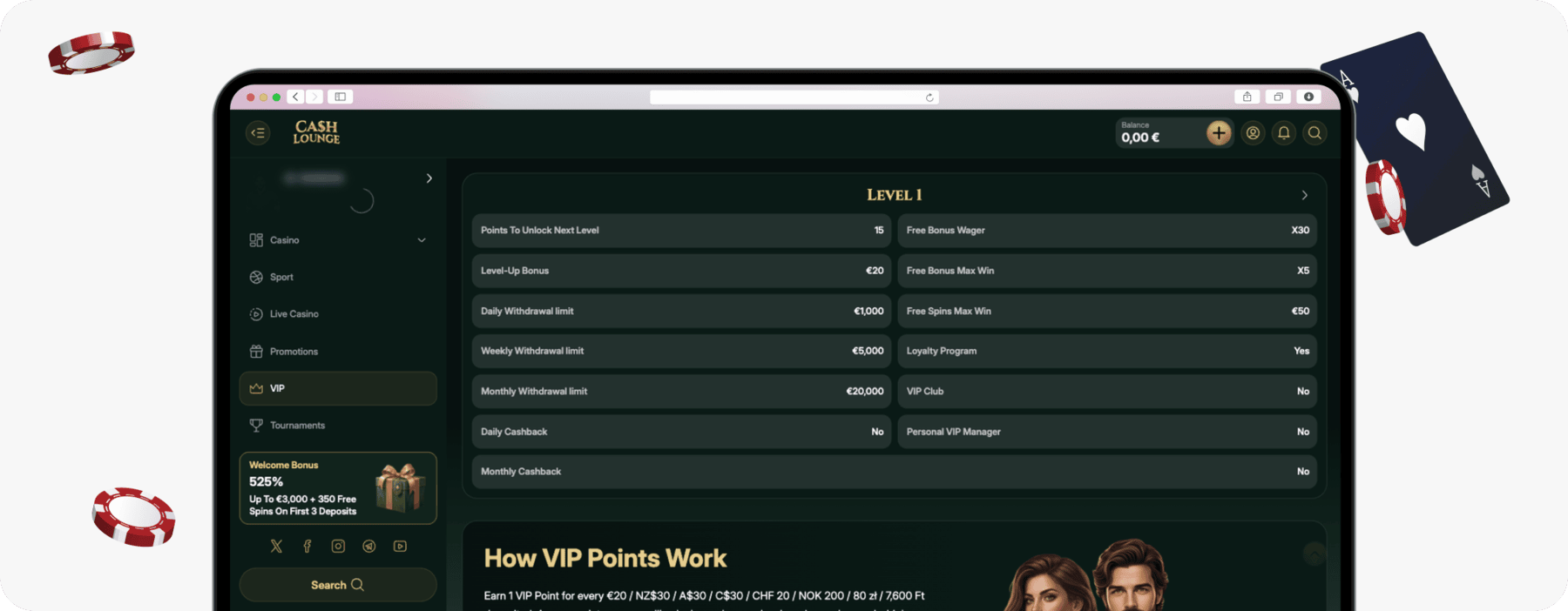 screenshot of cash lounge vip level 1 limits