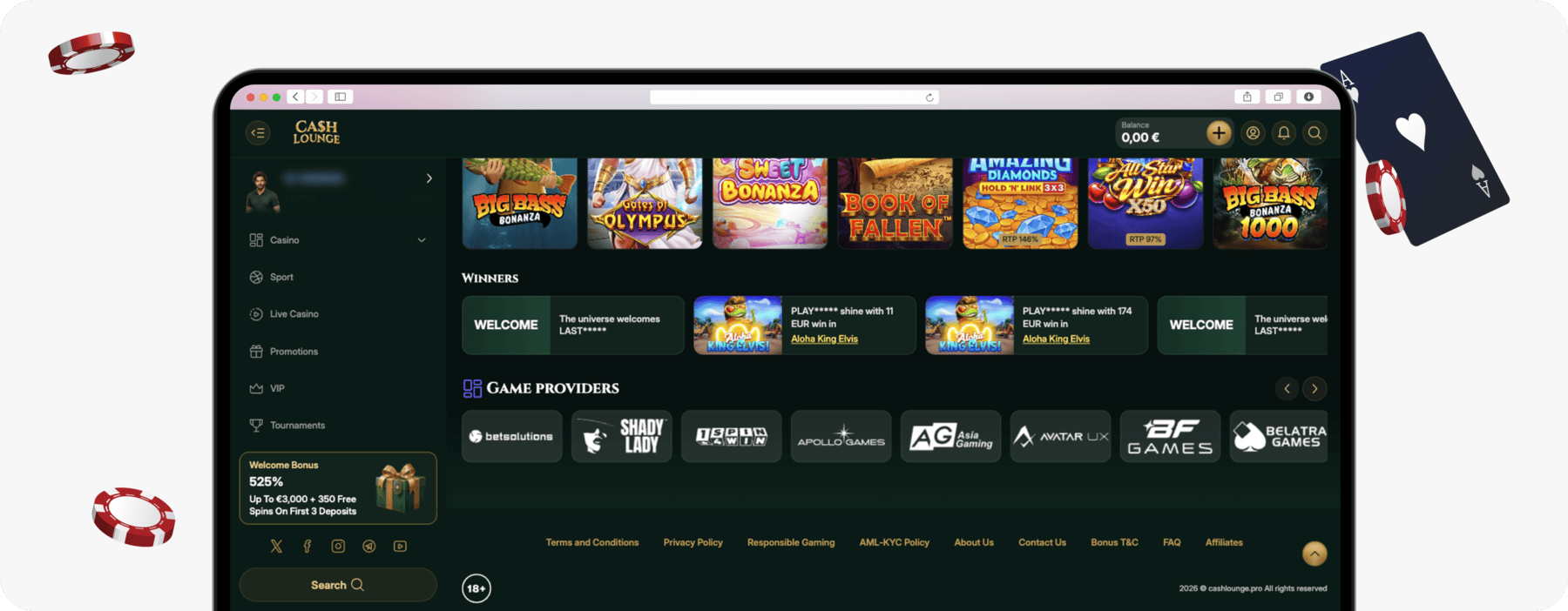 screenshot of cash lounge website footer