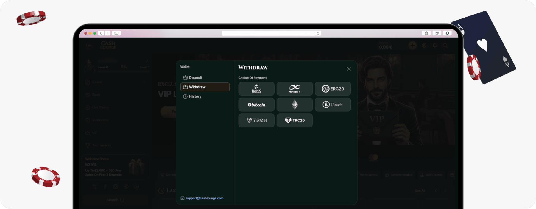 screenshot of cash lounge withdrawal methods