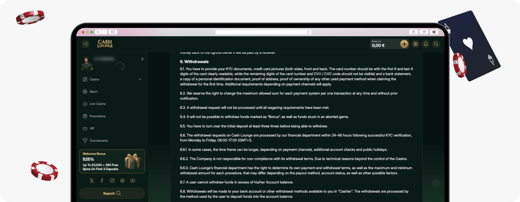 screenshot of cash lounge withdrawal terms