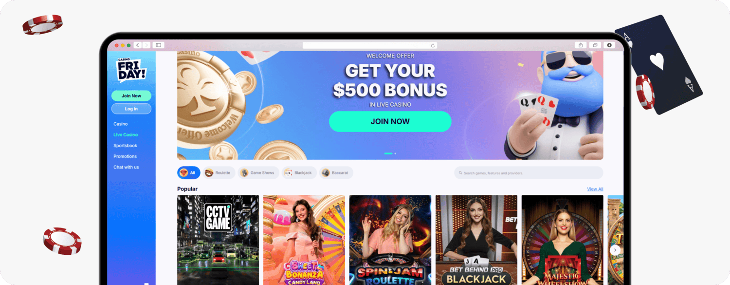 screenshot of casino friday live casino lobby