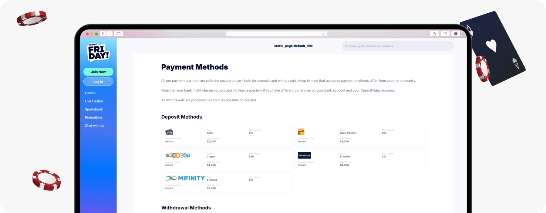 screenshot of casino friday payment methods page