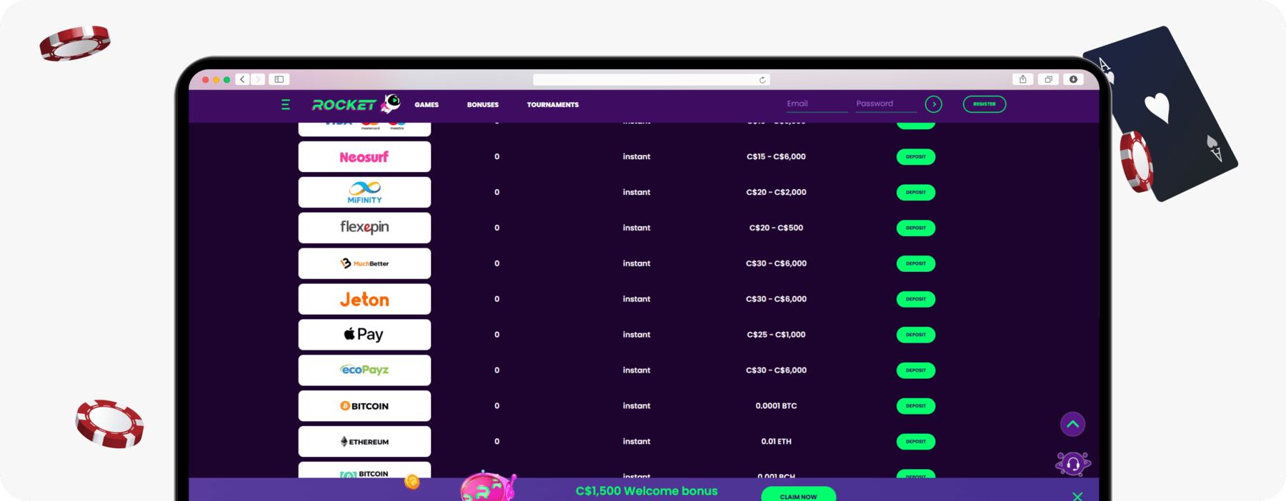 screenshot of casino rocket canadian banking page