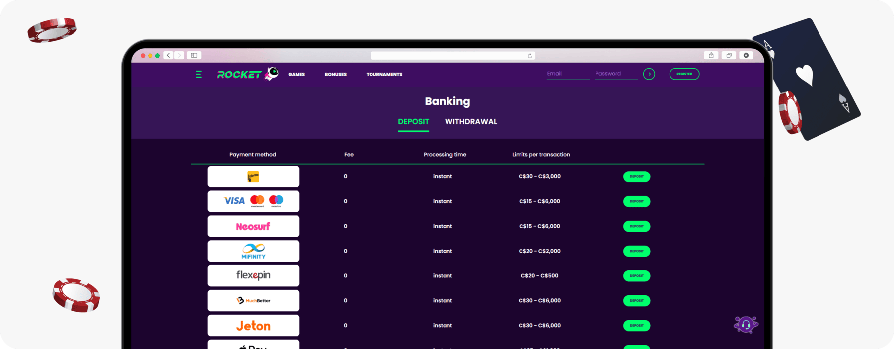 screenshot of casino rocket deposit methods