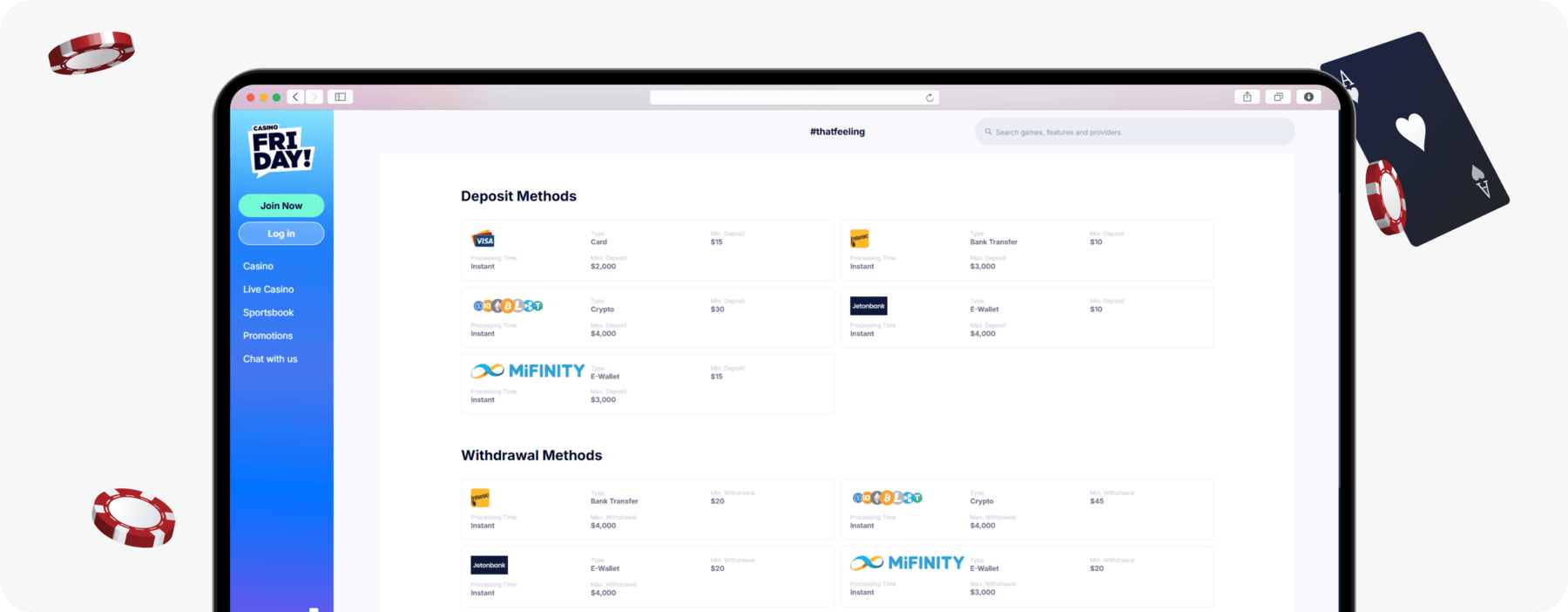 screenshot of casinofriday deposit methods