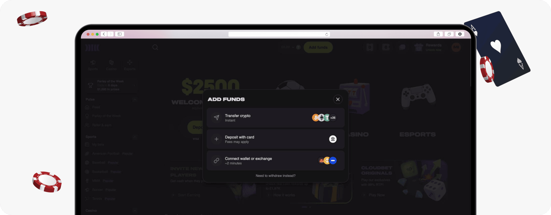 screenshot of cloudbet deposit methods