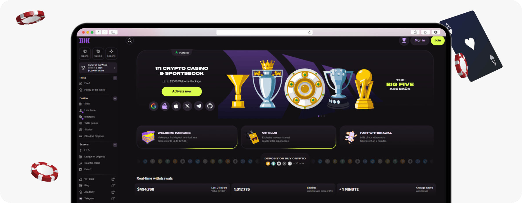 screenshot of cloudbet casino homepage