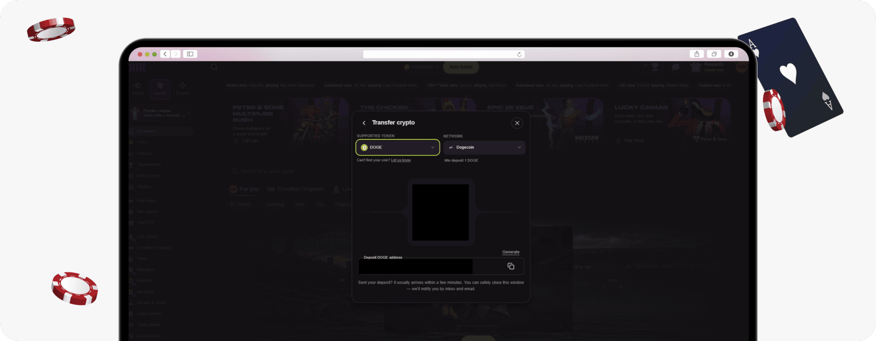 screenshot of cloudbet dogecoin deposit