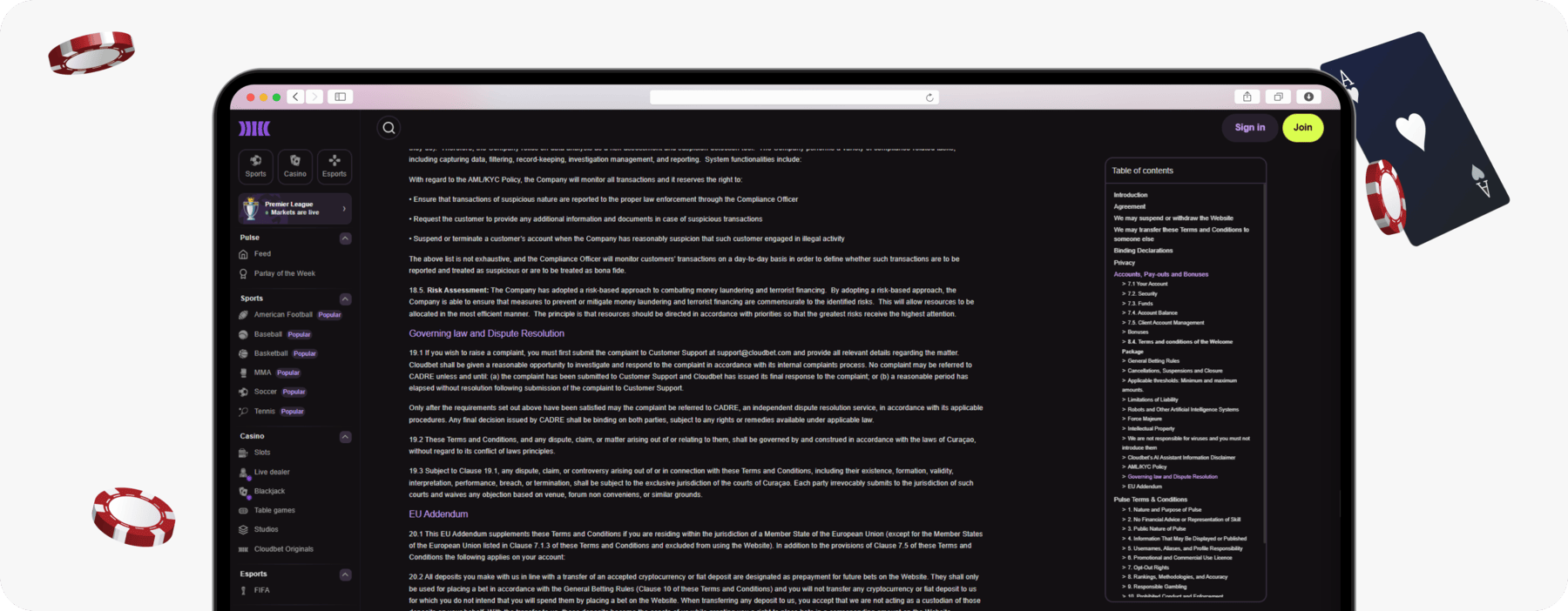 screenshot of cloudbet cadre terms