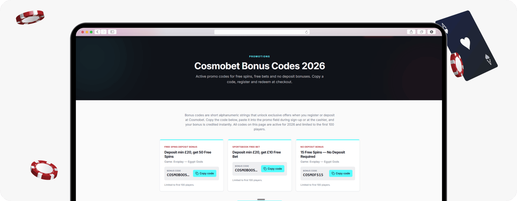 screenshot of cosmobet bonus codes