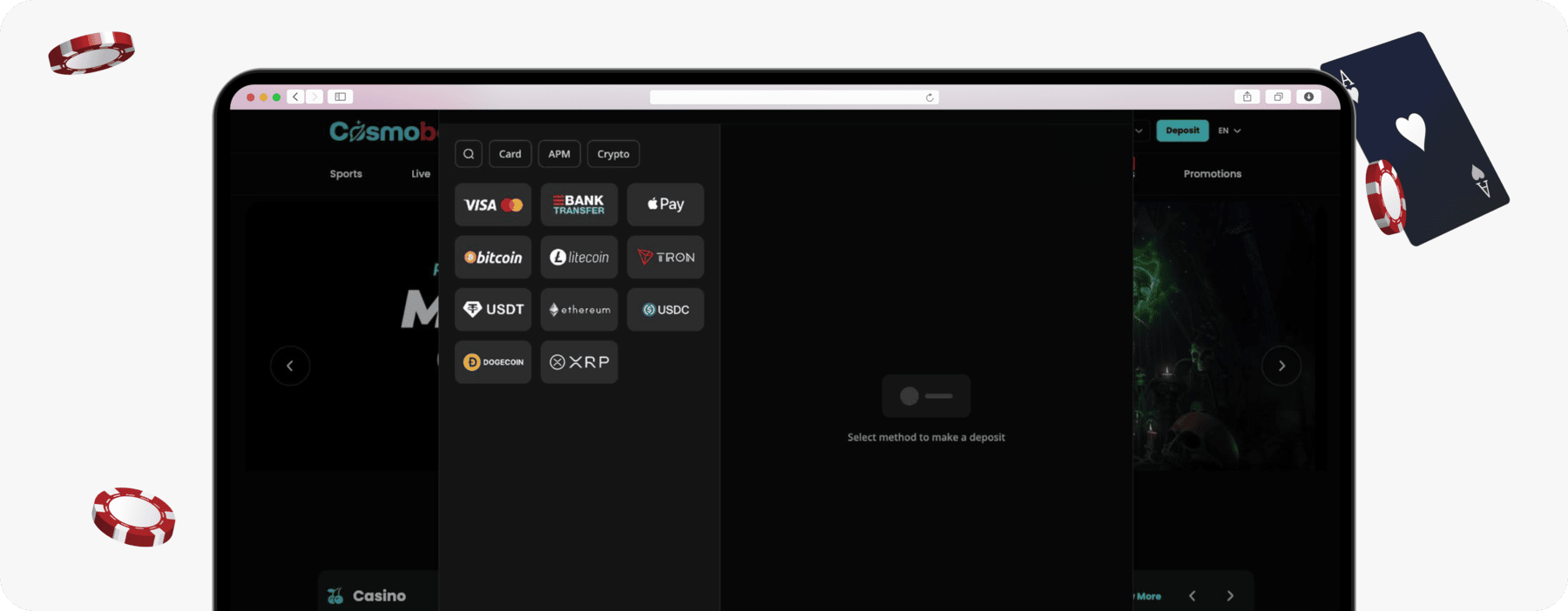 screenshot of cosmobet deposit methods