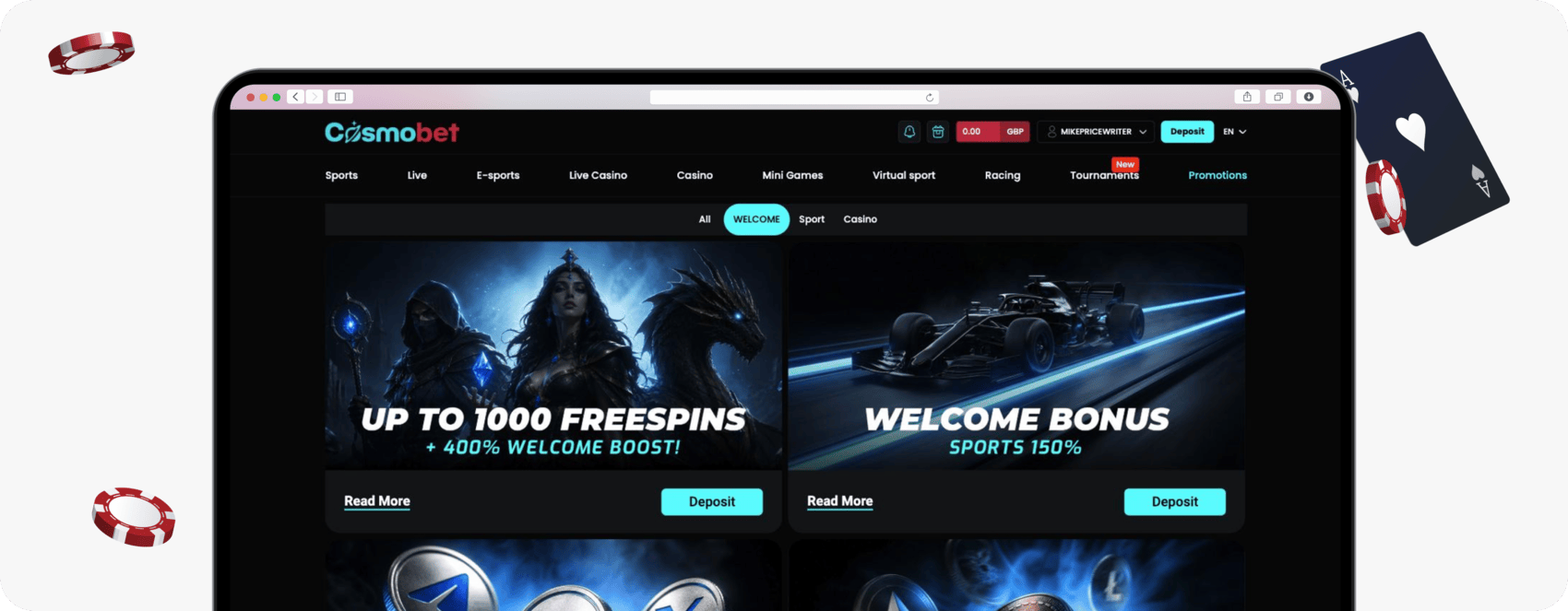 screenshot of cosmobet casino welcome bonus