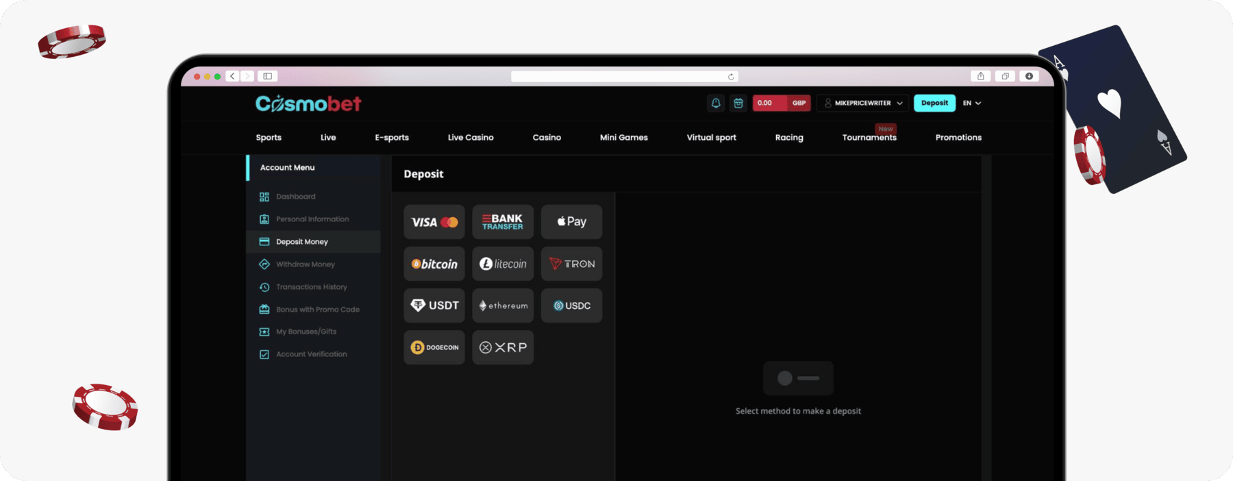 screenshot of cosmobet deposit payment methods